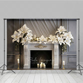 Aperturee Aperturee Elegant Christmas Fireplace Photography Backdrop White Poinsettia Garland Classic Holiday Mantel Studio Prop